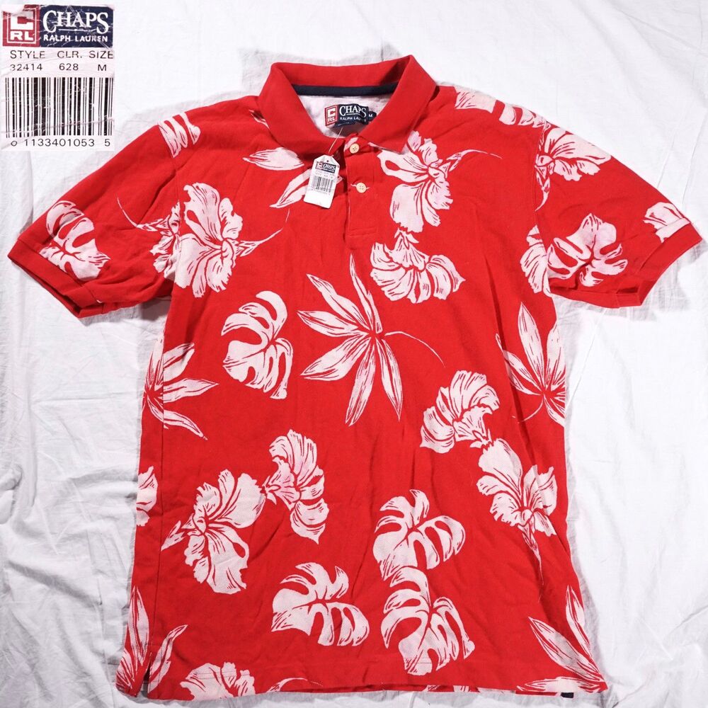 Chaps Ralph Lauren Vintage Hawaiian Print Polo Shirt Red White Floral Medium